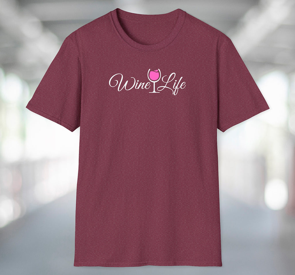 Heather maroon red t-shirt with wine life written in swirly script letters, and a glass of pink rose' wine