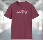 Heather maroon red t-shirt with wine life written in swirly script letters, and a glass of pink rose' wine