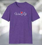 Heather purple t-shirt, white Wine Life logo with script styled letters, and wine glass full of red wine.