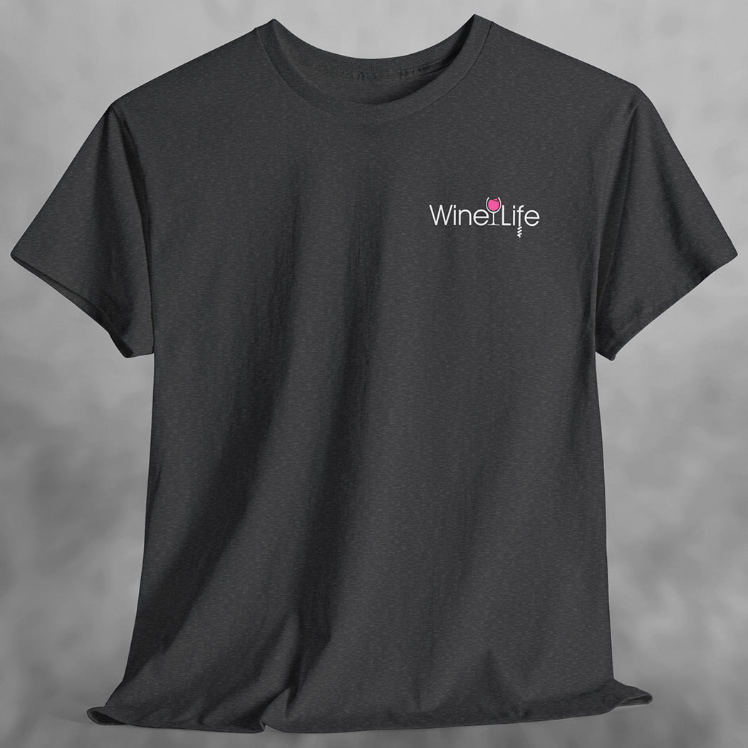 Heather charcoal gray t-shirt with small wine life logo of pink rose' wine glass and corkscrew on chest