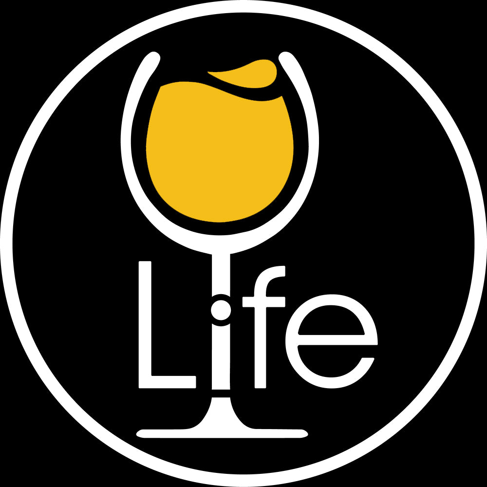 Round Wine Life logo, with golden yellow white wine glass.