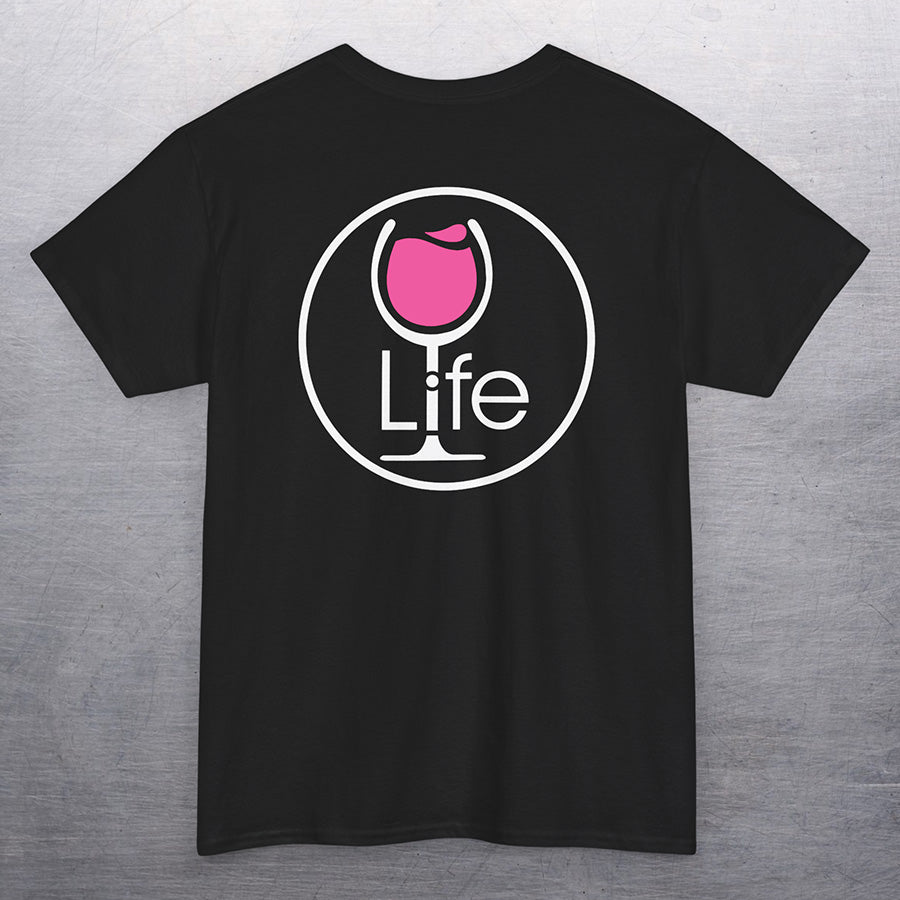 Black t-shirt with large round wine life logo, with pink rose' wine glass