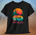 Black t-shirt with colorful camper, background of trees, mountains, sun and birds, above red wine life logo