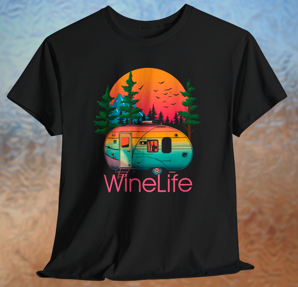 Black t-shirt with colorful camper, background of trees, mountains, sun and birds, above red wine life logo