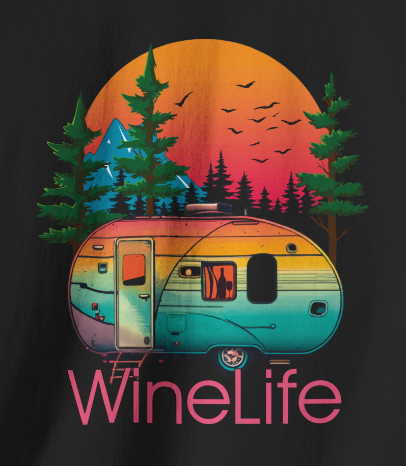 Closeup of black t-shirt with colorful camper, background of trees, mountains, sun and birds, above red wine life logo
