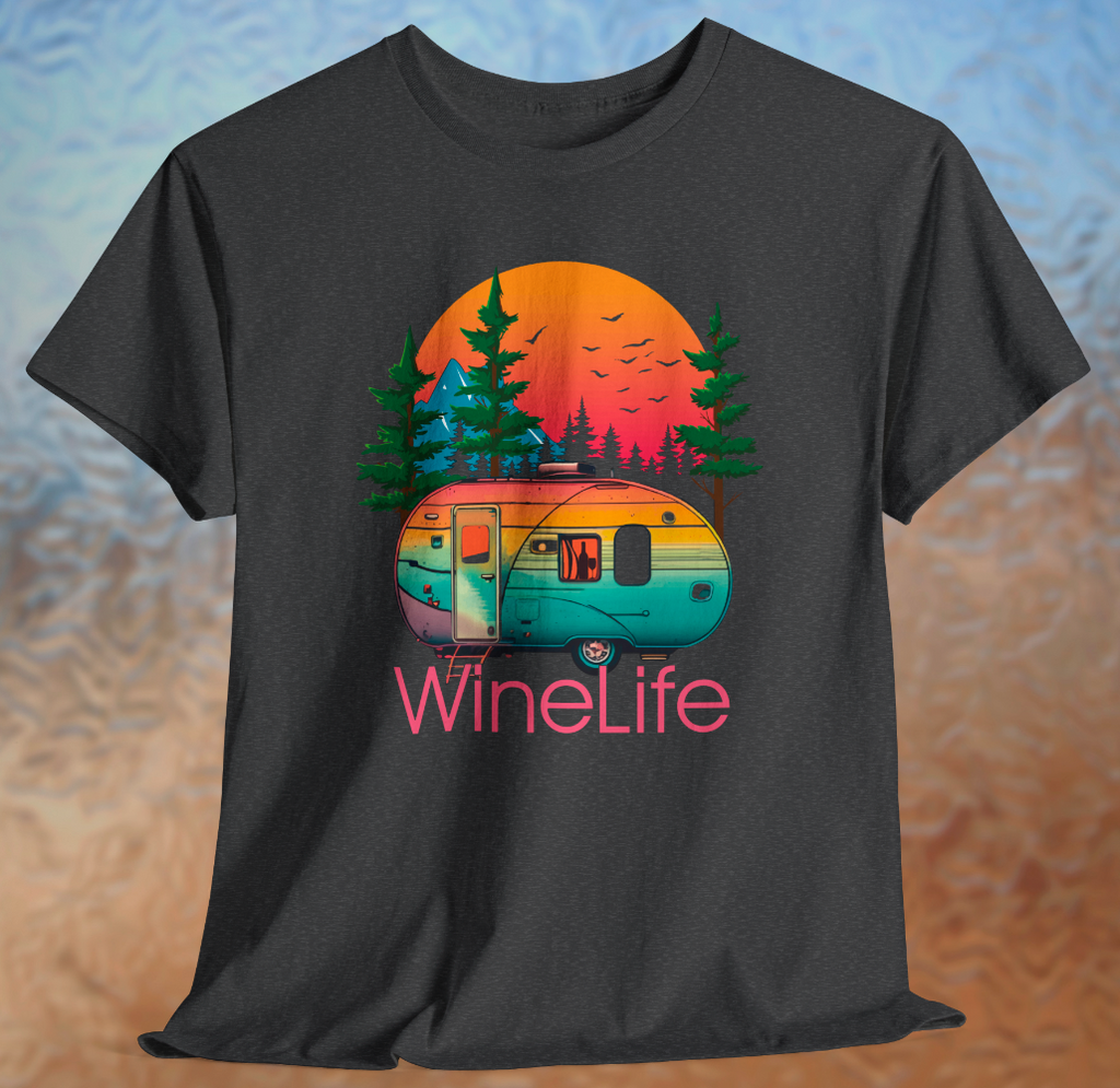 Heather charcoal gray t-shirt with colorful camper, background of trees, mountains, sun and birds, above red wine life logo