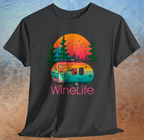 Heather charcoal gray t-shirt with colorful camper, background of trees, mountains, sun and birds, above red wine life logo