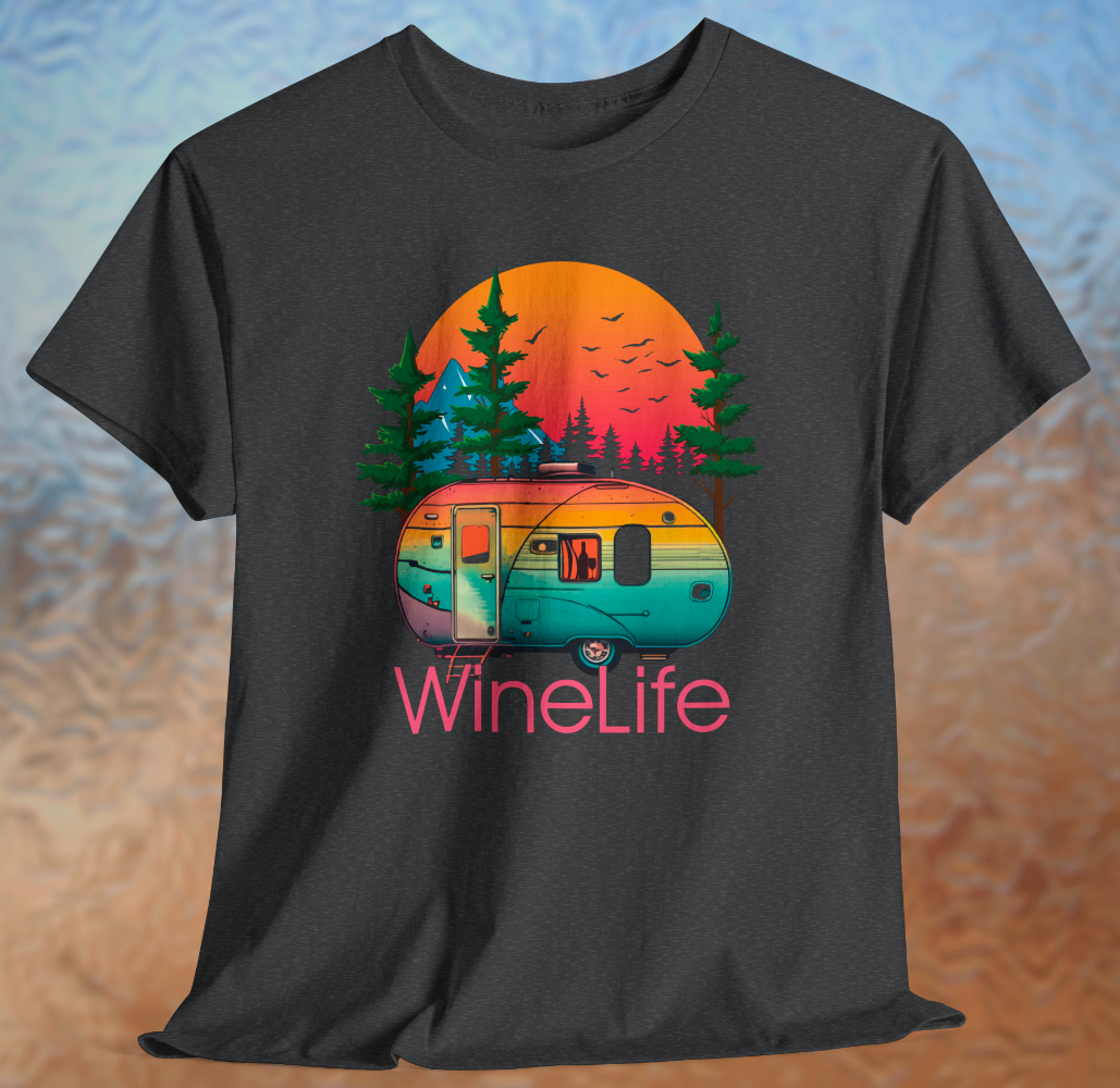Heather charcoal gray t-shirt with colorful camper, background of trees, mountains, sun and birds, above red wine life logo