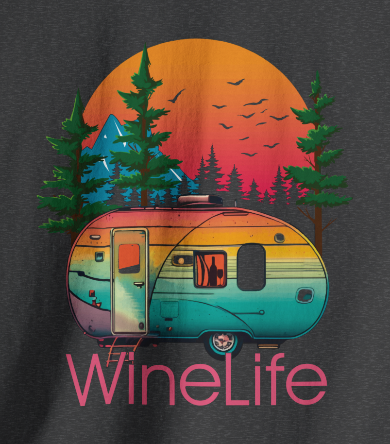 Closeup of heather charcoal gray t-shirt with colorful camper, background of trees, mountains, sun and birds, above red wine life logo