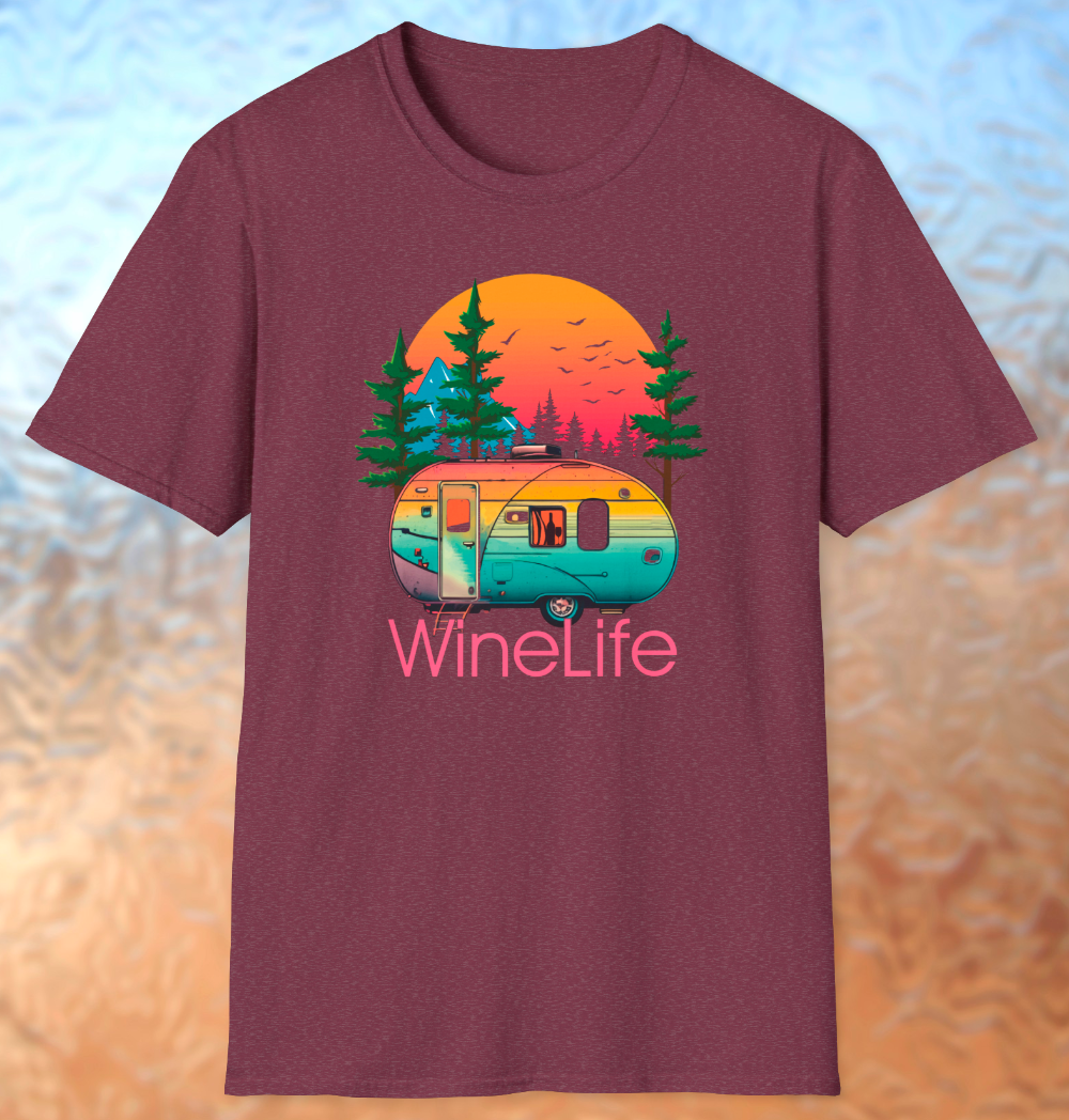 Heather red maroon t-shirt with colorful camper, background of trees, mountains, sun and birds, above red wine life logo