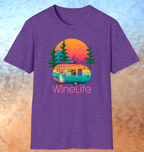Heather purple t-shirt with colorful camper, background of trees, mountains, sun and birds, above red wine life logo