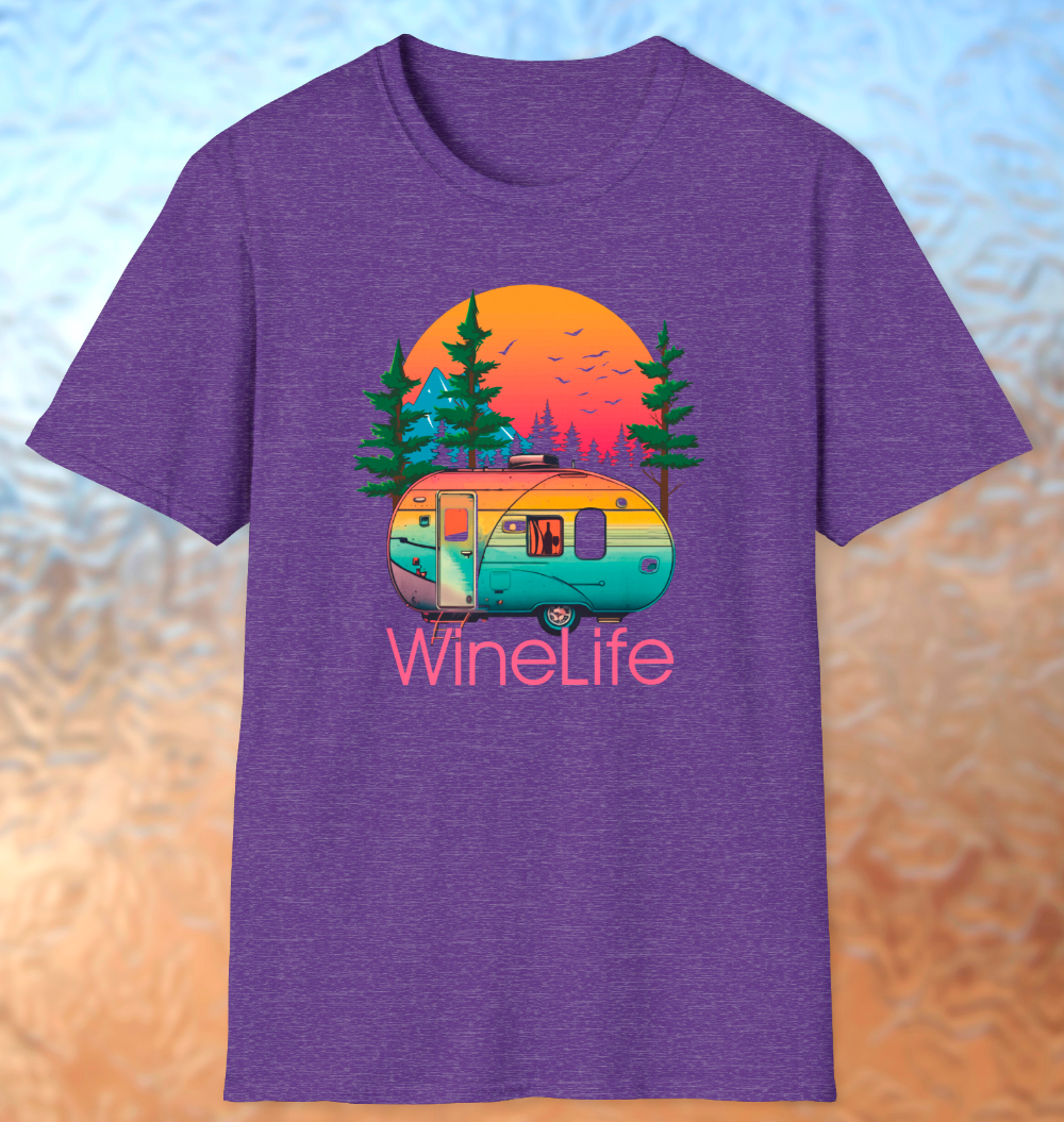 Heather purple t-shirt with colorful camper, background of trees, mountains, sun and birds, above red wine life logo