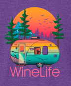 Closeup of heather purple t-shirt with colorful camper, background of trees, mountains, sun and birds, above red wine life logo