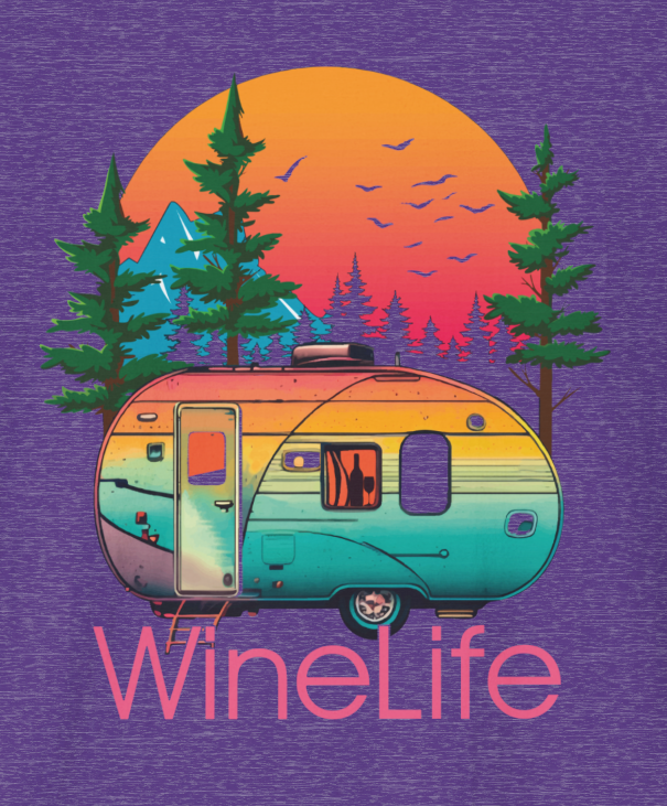 Closeup of heather purple t-shirt with colorful camper, background of trees, mountains, sun and birds, above red wine life logo