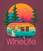 Closeup of heather red maroon t-shirt with colorful camper, background of trees, mountains, sun and birds, above red wine life logo