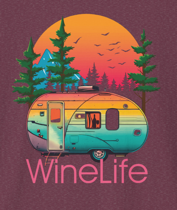 Closeup of heather red maroon t-shirt with colorful camper, background of trees, mountains, sun and birds, above red wine life logo