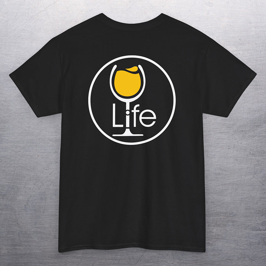 Black t-shirt with round Wine Life logo, with golden yellow white wine glass.