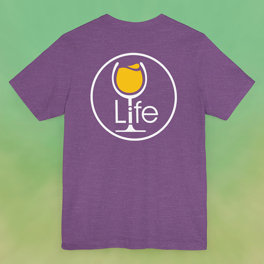 Heather purple t-shirt with round Wine Life logo, with golden yellow white wine glass.