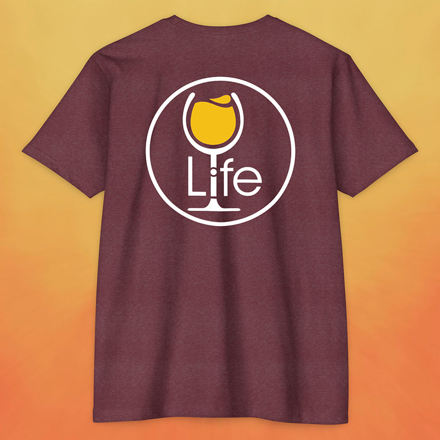 Heather maroon red t-shirt with round Wine Life logo, with golden yellow white wine glass.