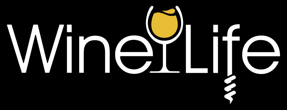 Wine Life logo, with golden yellow white wine glass and corkscrew