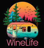 Colorful camper with background of trees, mountains, sun and birds, above wine life logo