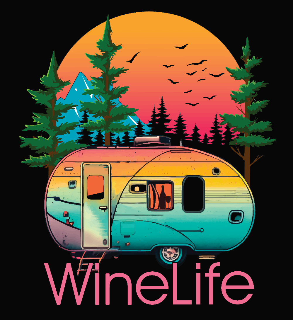 Colorful camper with background of trees, mountains, sun and birds, above wine life logo
