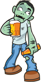 Cartoon zombie holding beer mug and bottle of beer.