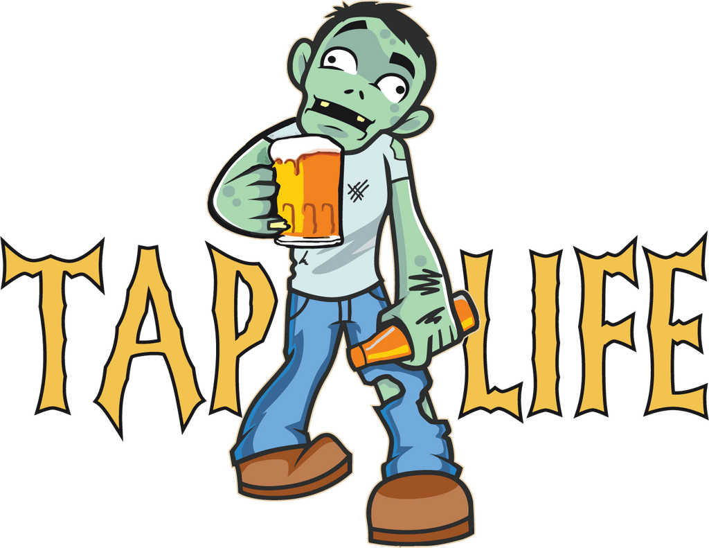 Cartoon zombie holding beer mug and bottle of beer, with tap life logo in spooky font.