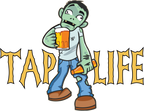 Cartoon zombie holding beer mug and bottle of beer, with tap life logo in spooky font.
