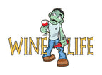 cartoon zombie holding wine glass and bottle of wine, with Wine Life logo in creepy font