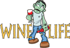 Cartoon zombie holding wine glass and bottle of wine, with wine life logo in spooky font.