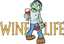 Cartoon zombie holding wine glass and bottle of wine, with wine life logo in spooky font.