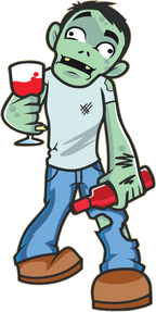 Cartoon wine life zombie holding wine glass and bottle of wine.