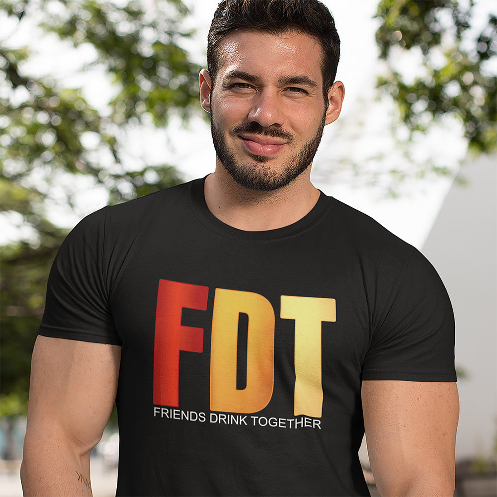 Man wearing a FDT Friends Drink Together T-Shirt in black with colorful letters, perfect for celebrating friendship.
