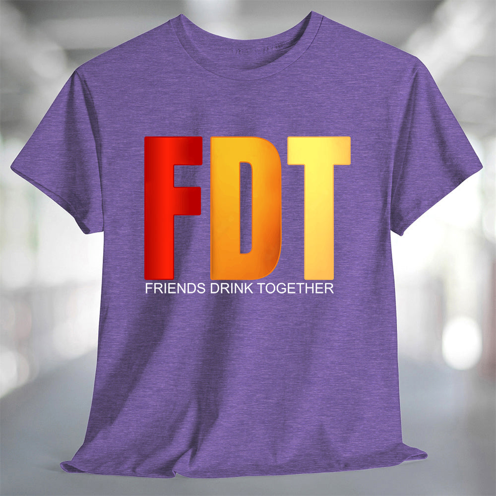 friends drink together t-shirt in purple with FDT design celebrating friendship and casual comfort.