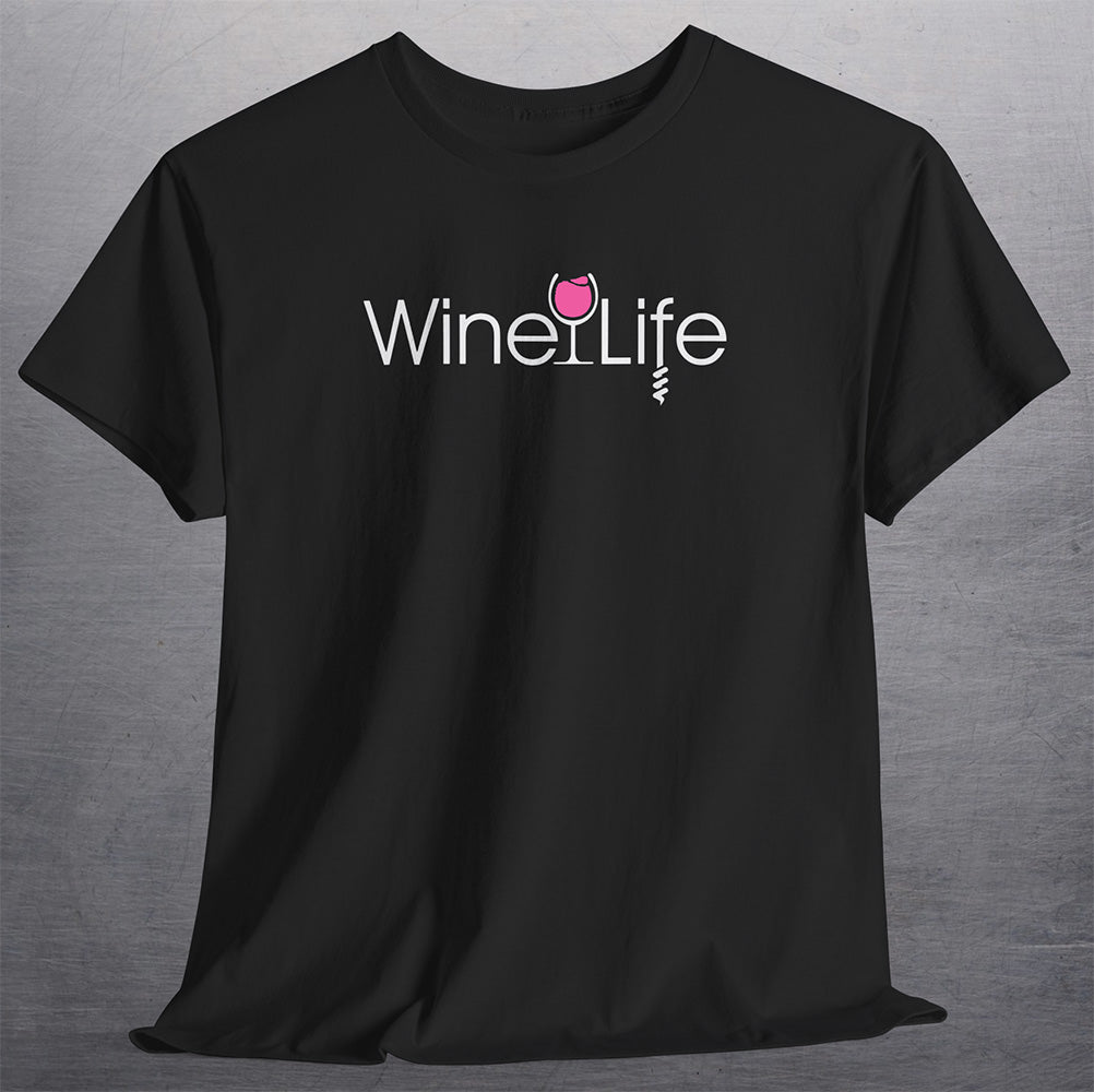 Black t-shirt with wine life logo and pink rose' wine glass and corkscrew