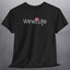 Black t-shirt with wine life logo and pink rose' wine glass and corkscrew
