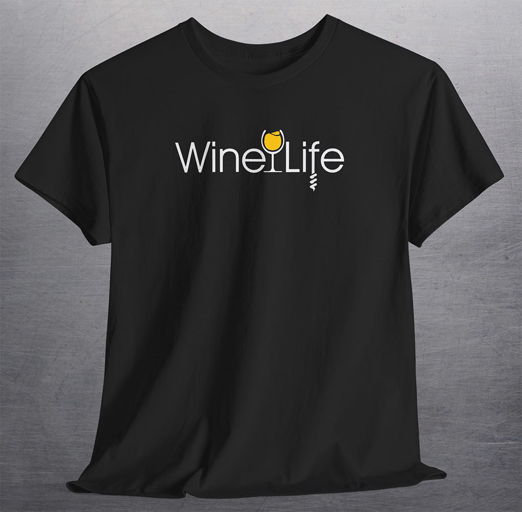 black t-shirt with wine life logo of yellow wine glass and corkscrew