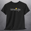 black t-shirt with wine life logo of yellow wine glass and corkscrew