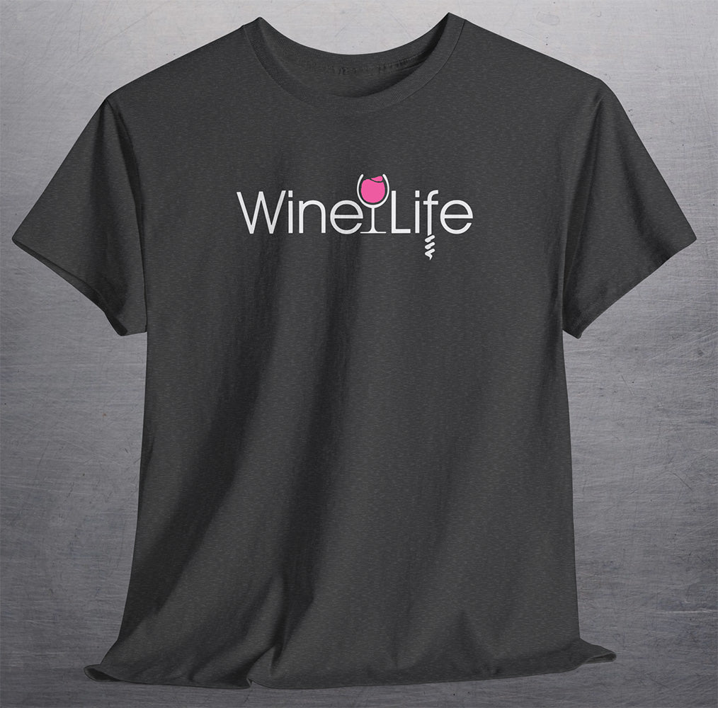 heather charcoal gray t-shirt with wine life logo and pink rose' wine glass and corkscrew