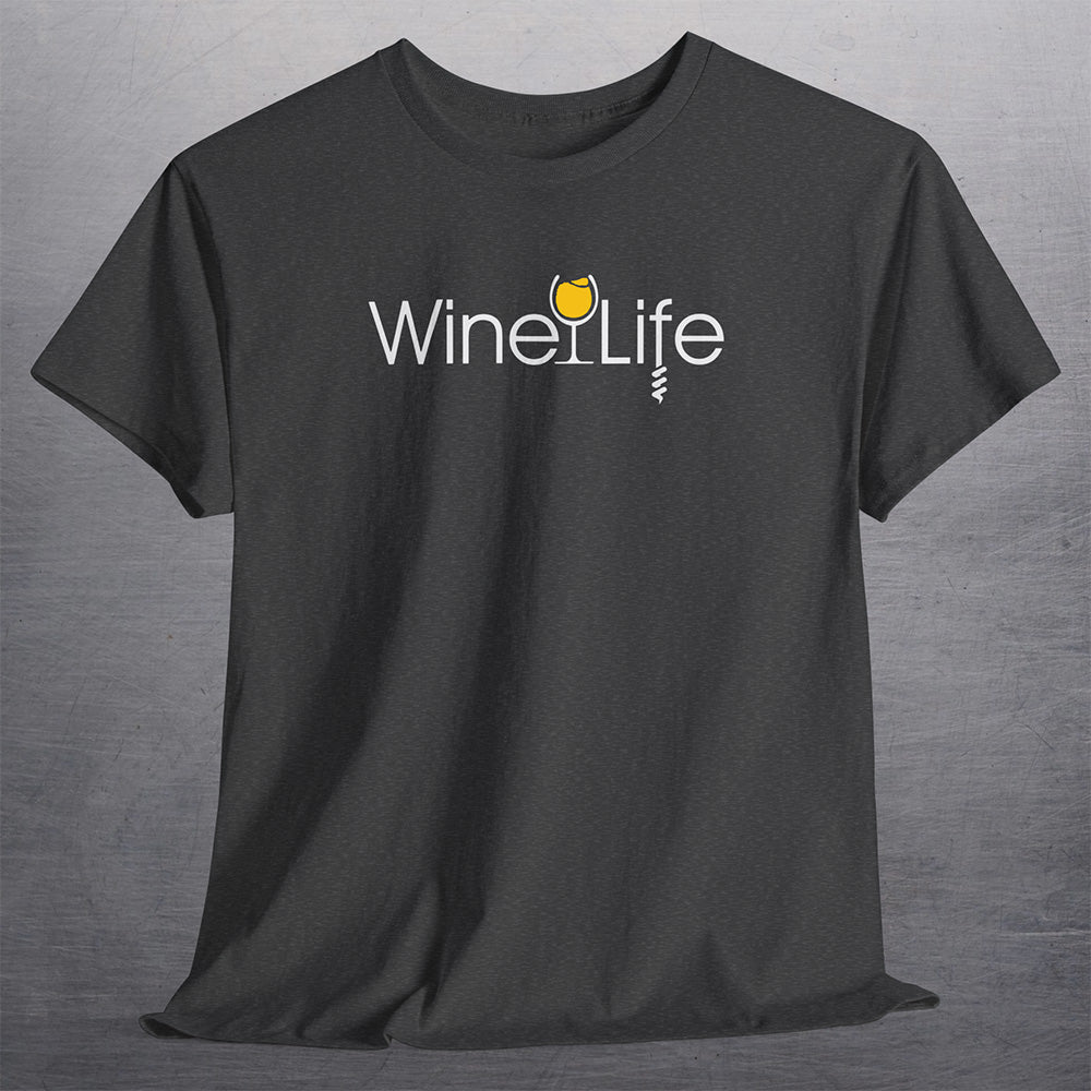 heather charcoal gray t-shirt with wine life logo of yellow wine glass and corkscrew
