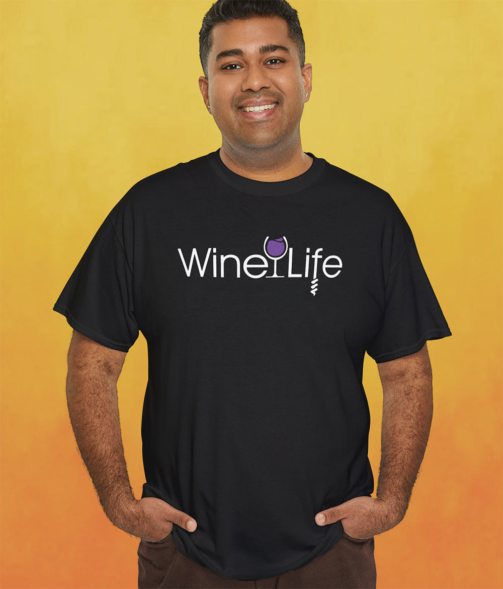 Man wearing a black t-shirt with wine life logo of purple wine glass and corkscrew