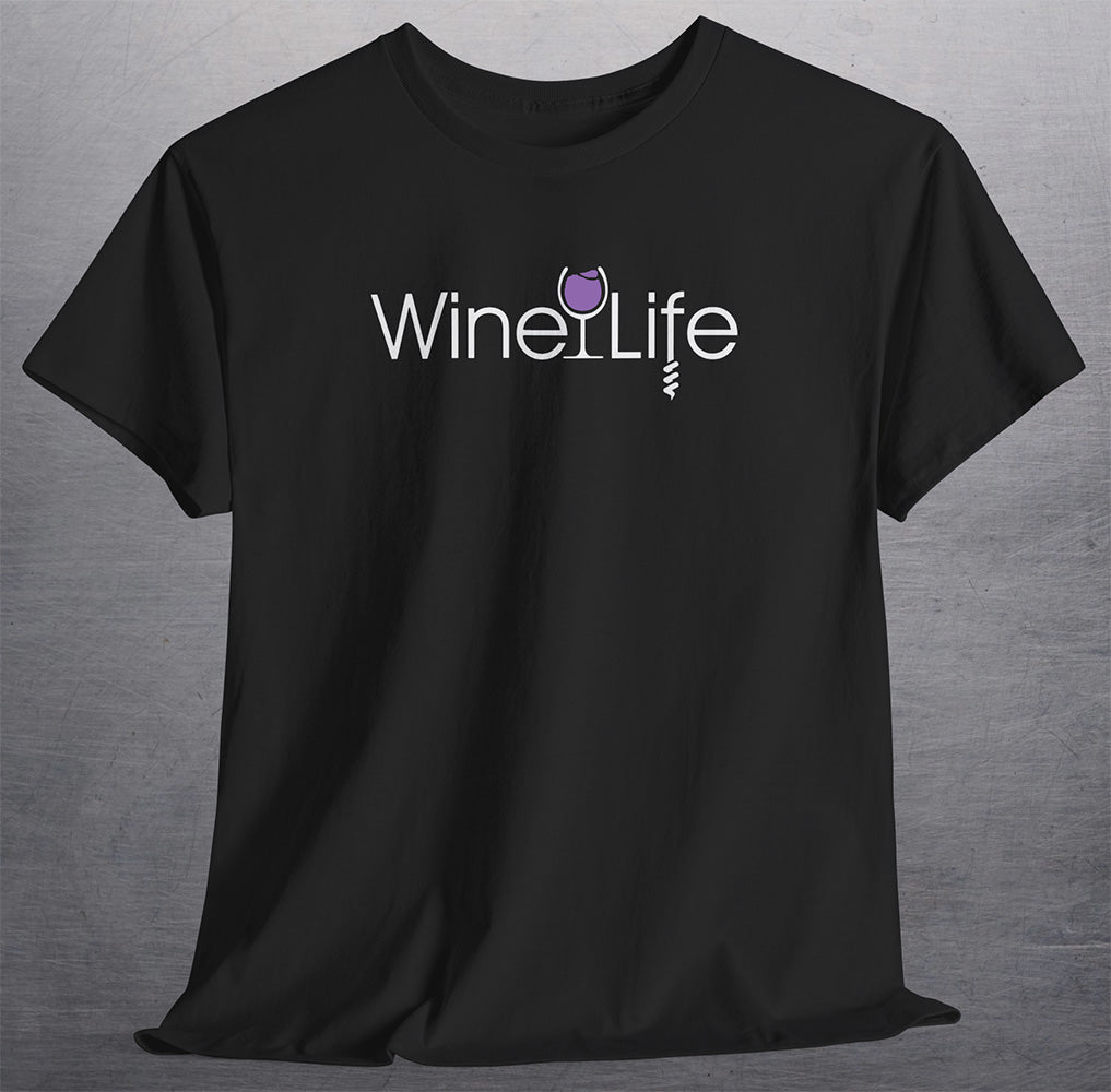 Wine Life logo with purple wine glass and corkscrew on black shirt 