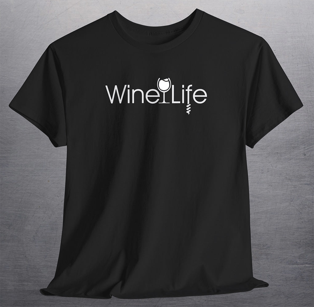 black t-shirt with wine life logo of white wine glass and corkscrew