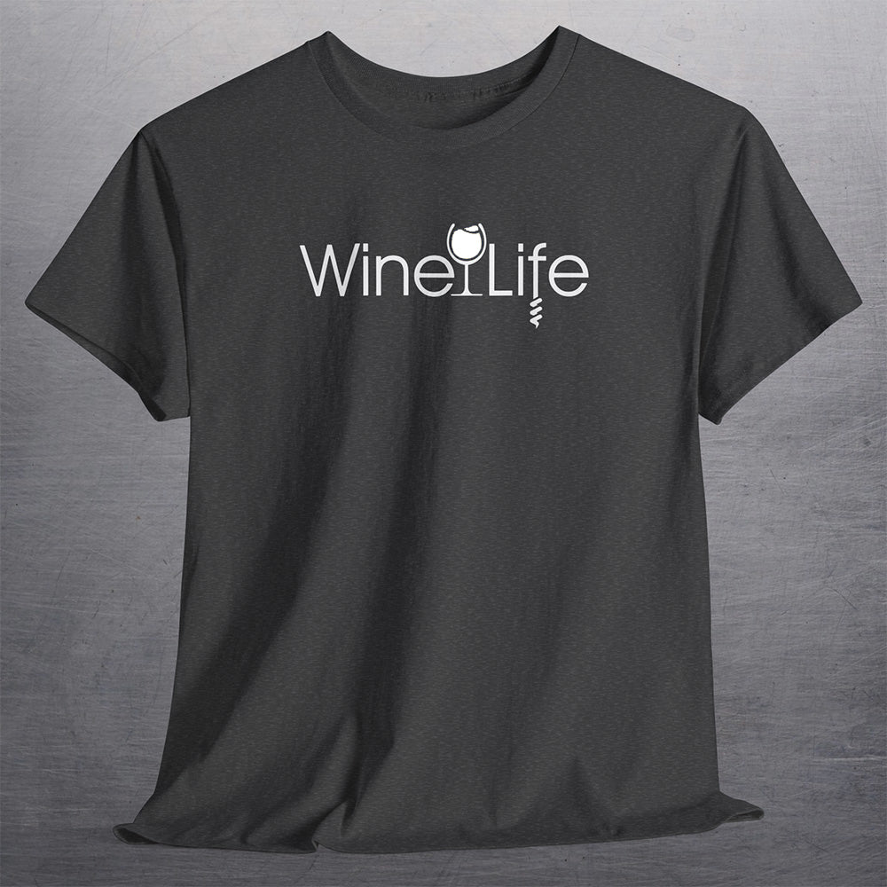 Heather charcoal gray t-shirt with wine life logo of white wine glass and corkscrew