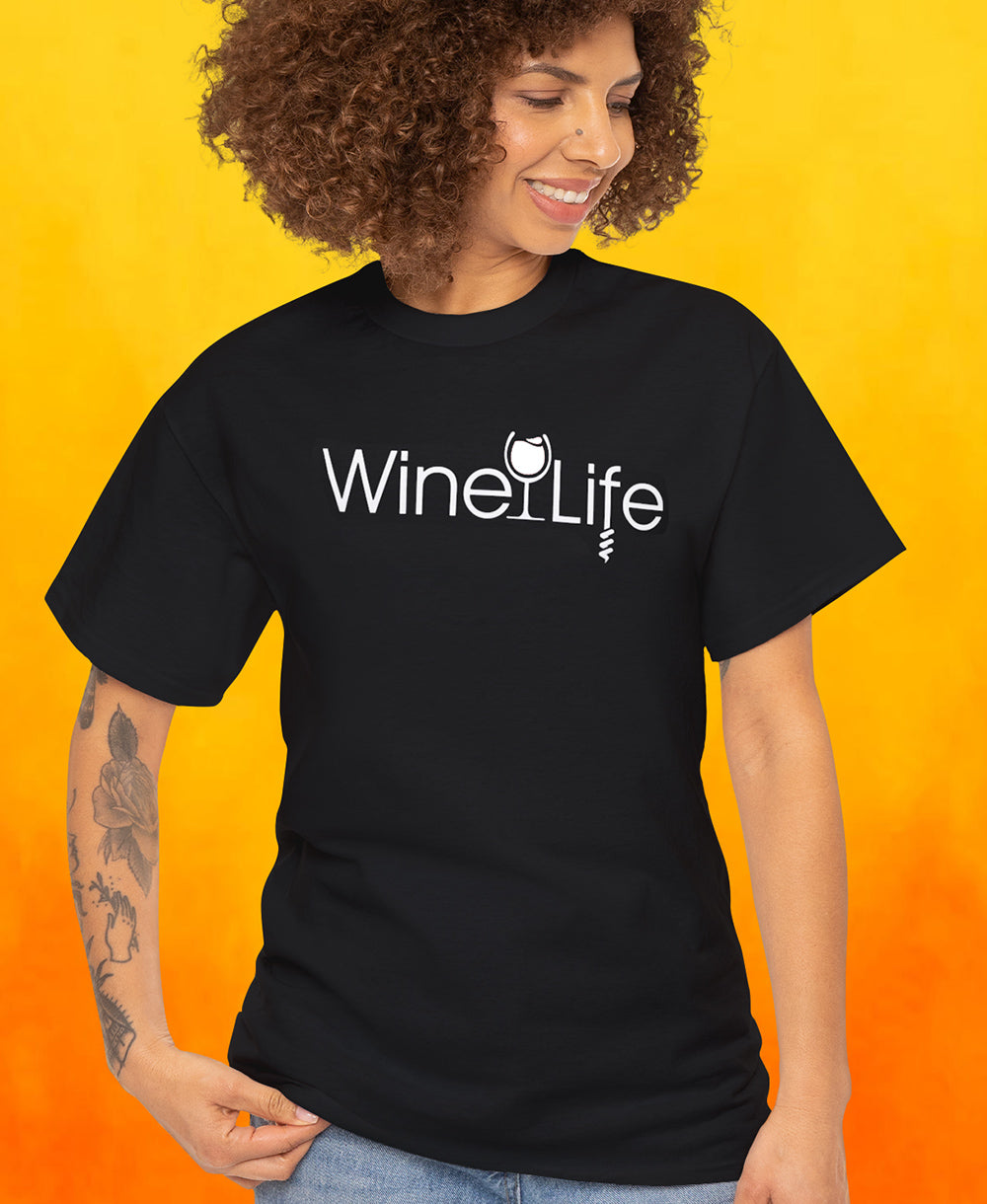 Woman wearing black t-shirt with wine life logo of white wine glass and corkscrew