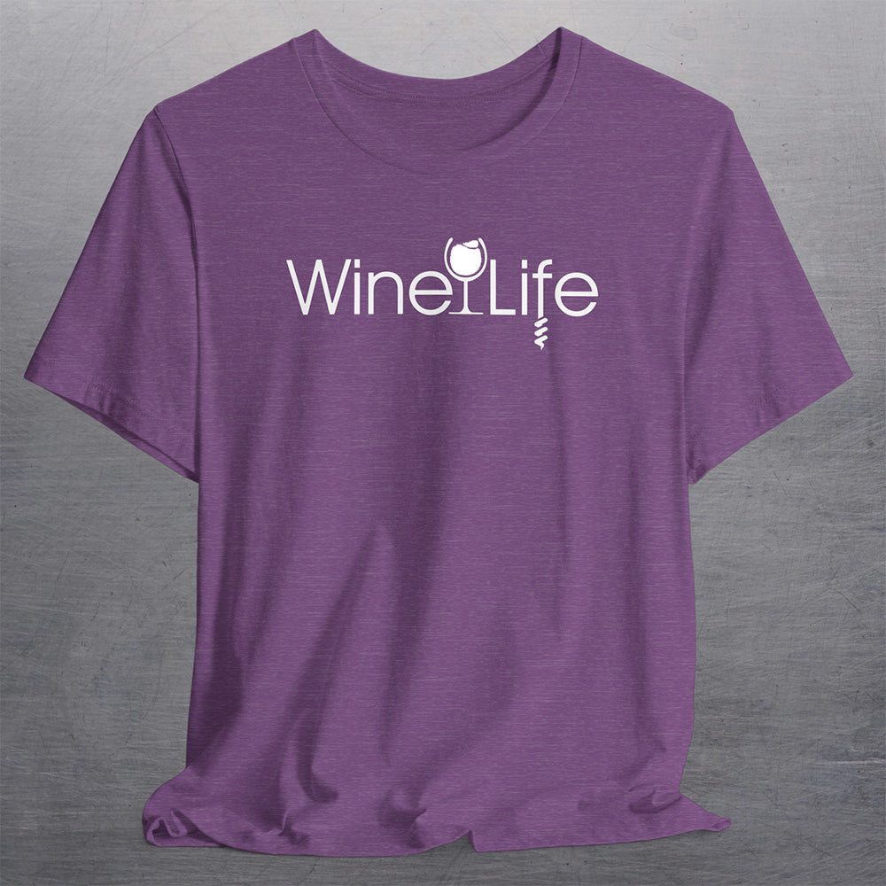  heather purple t-shirt with wine life logo of white wine glass and corkscrew