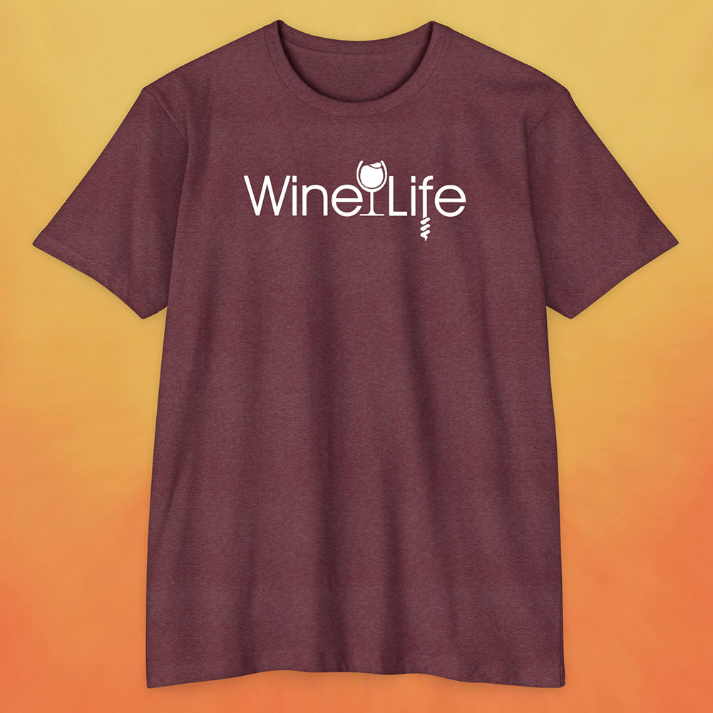 Heather maroon red t-shirt with wine life logo of white wine glass and corkscrew