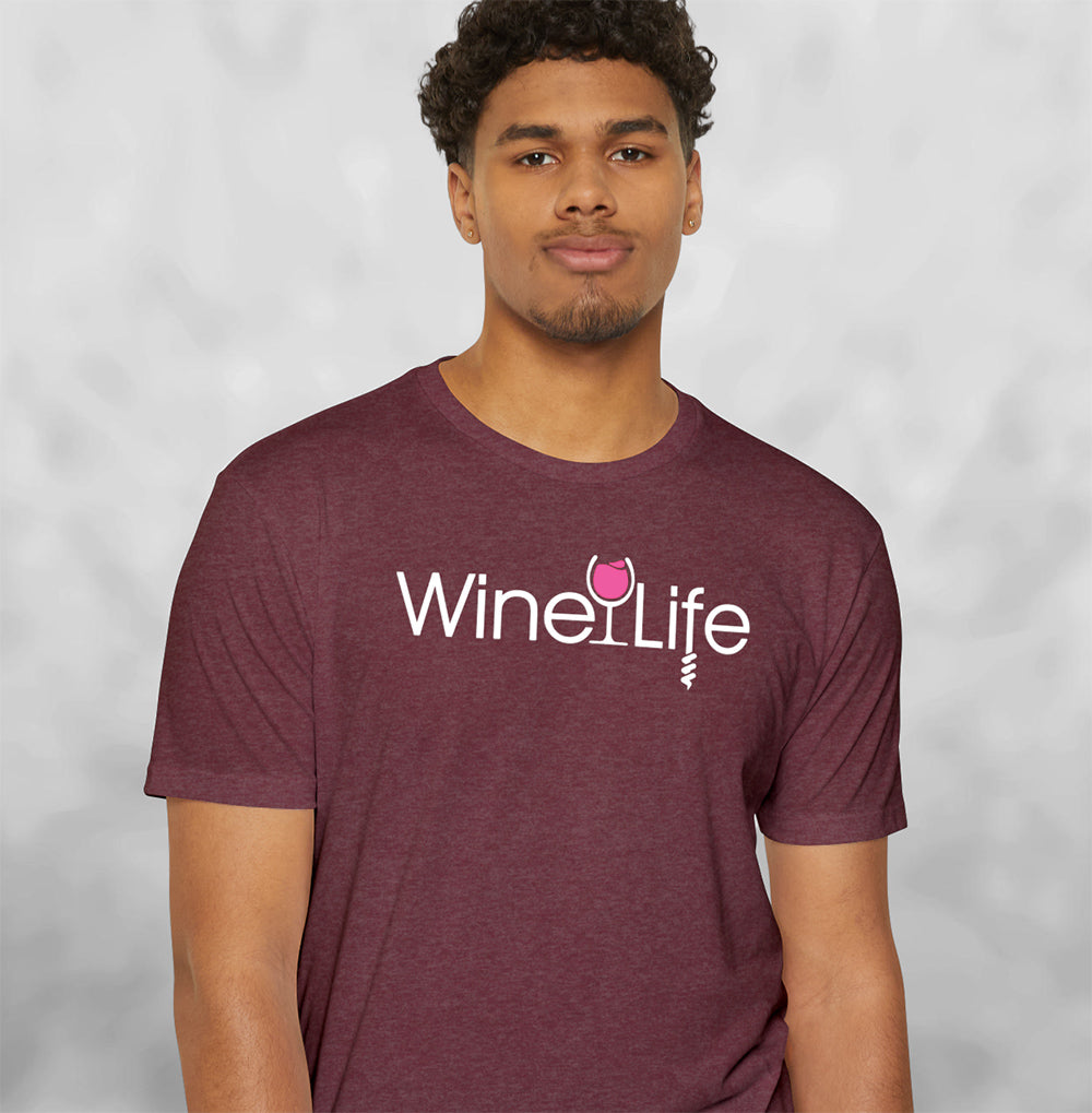 heather maroon red t-shirt with wine life logo and pink rose' wine glass and corkscrew