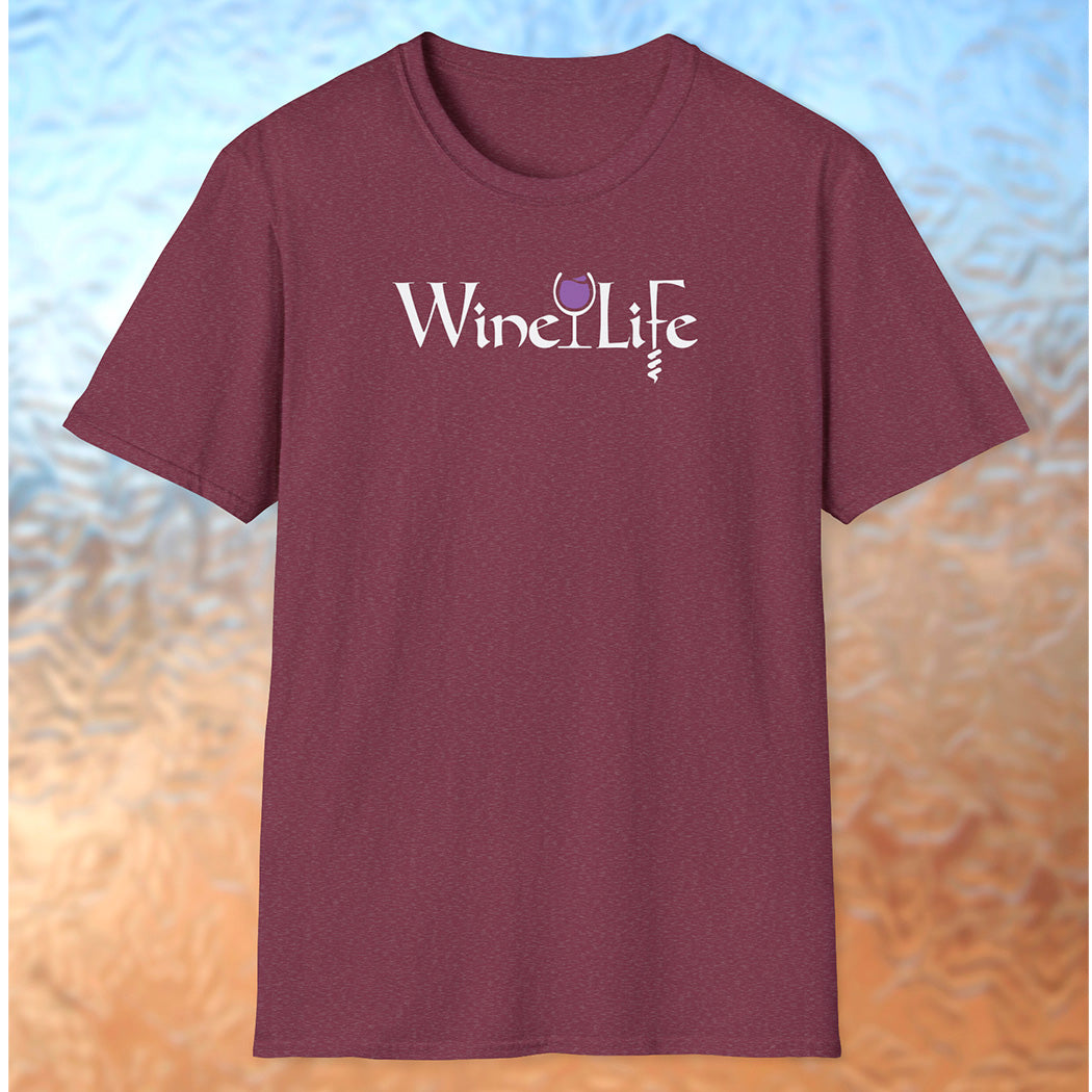 Heather maroon red t-shirt with Wine Life text written in jagged edge calligraphy letters, with a glass of purple wine and a corkscrew